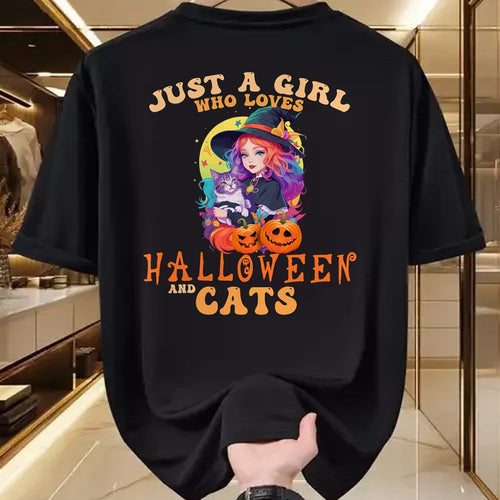 Cat Love Shirt, Funny Cat Lover Gift UnisexT-Shirt/Hoodie/Sweatshirt HLT00 - Just A Girl Who Loves Halloween and Cats Spooky Fall Pumpkin T-Shirt