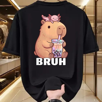 Cute Capybara Shirt, Funny Capybara Unisex T-Shirt/Hoodie/Sweatshirt HLT00 - Cute Bruh Capybara Drinking Bubble Tea Axolotl Funny Kawaii T-Shirt