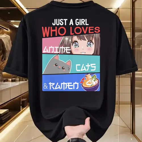 Cat Love Shirt, Funny Cat Lover Gift UnisexT-Shirt/Hoodie/Sweatshirt HLT00 - Just A Girl Who Loves Anime Cats & Ramen Lover Kawaii Otaku Long Sleeve T-Shirt