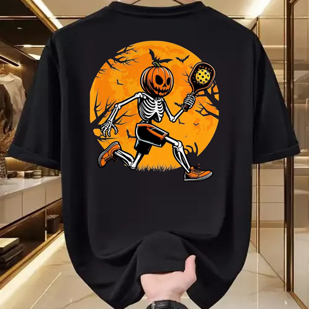 Funny Pickleball Shirt, Pickleball Lover Unisex T-Shirt/Hoodie/Sweatshirt HLT00 - Halloween Pickleball Pumpkin Skeleton Pickleball Halloween T-Shirt