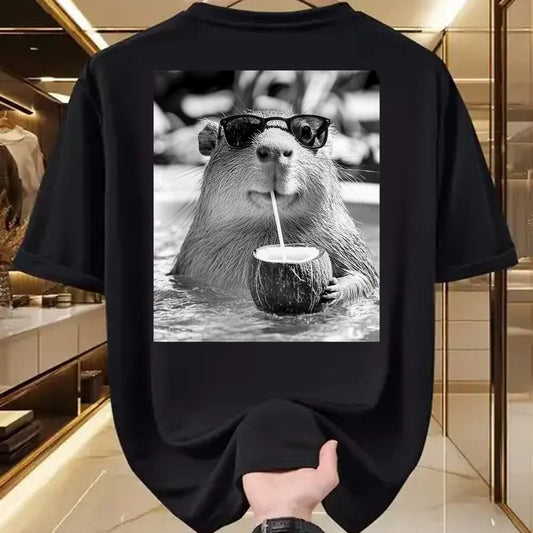Cute Capybara Shirt, Funny Capybara Unisex T-Shirt/Hoodie/Sweatshirt HLT00 - Capybara Selfie with Sunglasses and Coconut Drink T-Shirt