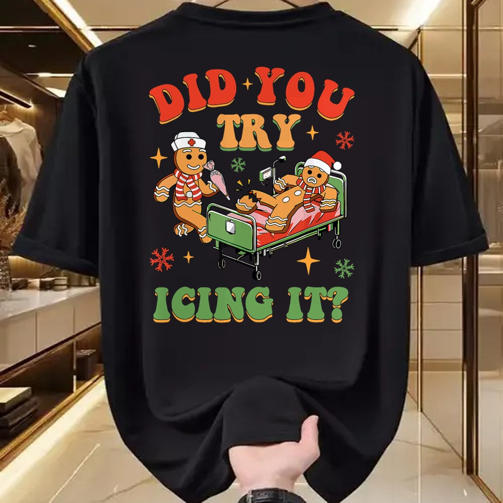 Funny Nurse Shirt, Nurse Unisex T-Shirt/Hoodie/Sweatshirt HLT00 - Retro ICU Nurse Christmas Gingerbread Did You Try Icing It T-Shirt