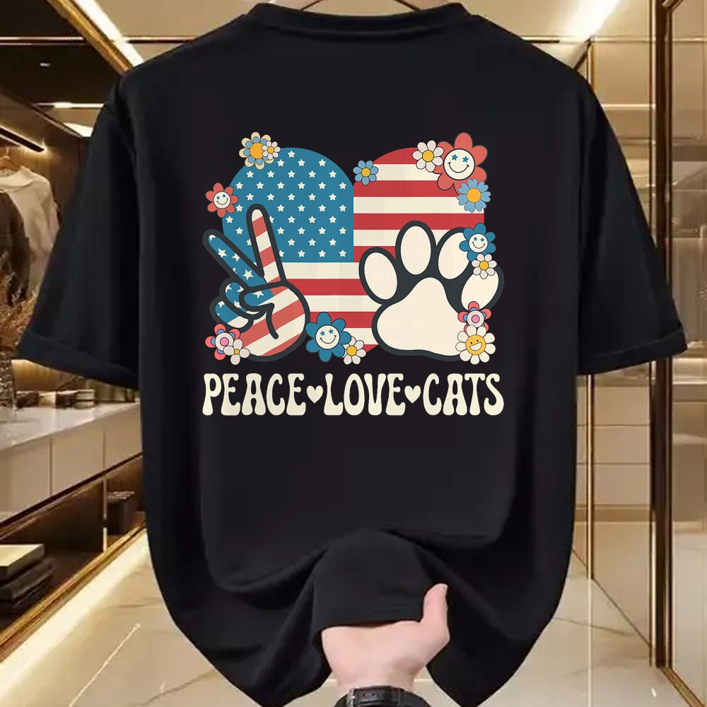 Cat Love Shirt, Funny Cat Lover Gift UnisexT-Shirt/Hoodie/Sweatshirt HLT00 - Peace Love Cats American Flag Patriotic Cat Lover Retro Cat T-Shirt