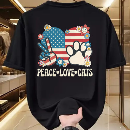 Cat Love Shirt, Funny Cat Lover Gift UnisexT-Shirt/Hoodie/Sweatshirt HLT00 - Peace Love Cats American Flag Patriotic Cat Lover Retro Cat T-Shirt