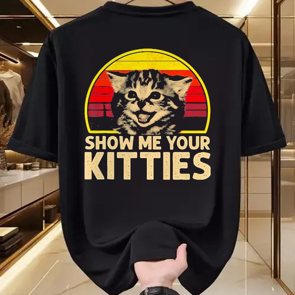 Cat Love Shirt, Funny Cat Lover Gift UnisexT-Shirt/Hoodie/Sweatshirt HLT00 - Show me Your Kitties Cat Lover Retro Vintage Sunset T-Shirt, Men, Black, 3X-Large