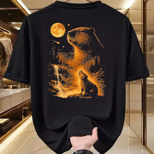 Cute Capybara Shirt, Funny Capybara Unisex T-Shirt/Hoodie/Sweatshirt HLT00 - Vintage Capybara Howling At The Moon Meme 90s Animal Graphic T-Shirt, Men, Black, 3X-Large