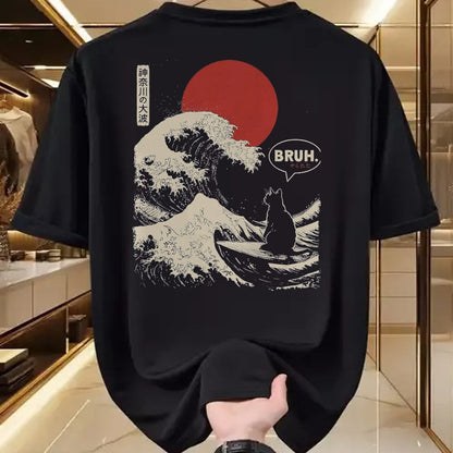 Cat Love Shirt, Funny Cat Lover Gift UnisexT-Shirt/Hoodie/Sweatshirt HLT00 - Bruh. The Great Wave Kanagawa Funny Japanese Surfing Cat T-Shirt, Men, Black, Large