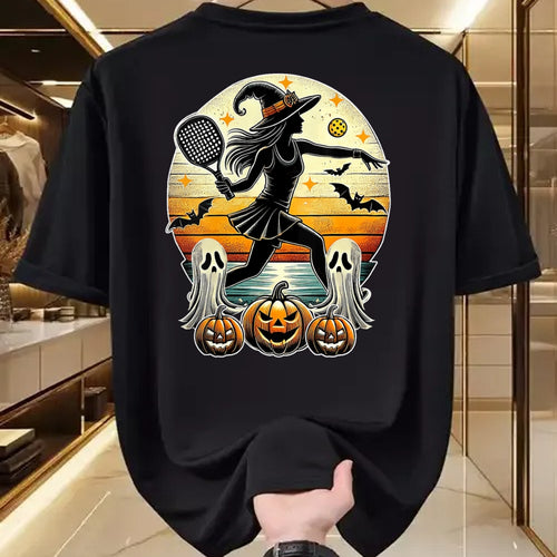 Funny Pickleball Shirt, Pickleball Lover Unisex T-Shirt/Hoodie/Sweatshirt HLT00 - Womens Pickleball Halloween Witch Playing - Jackolantern Ghost V-Neck T-Shirt