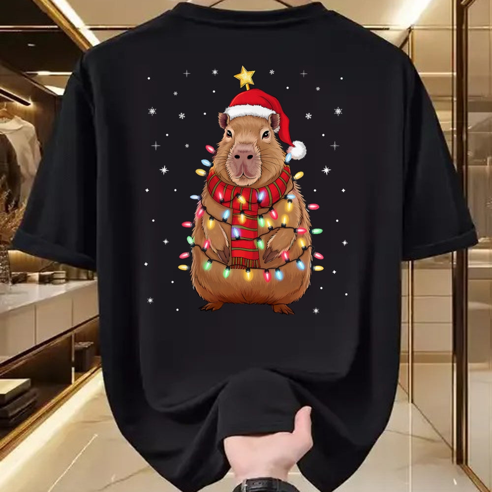 Cute Capybara Shirt, Funny Capybara Unisex T-Shirt/Hoodie/Sweatshirt HLT00 - Christmas Capybara with Santa Hat Xmas Lights Tree T-Shirt