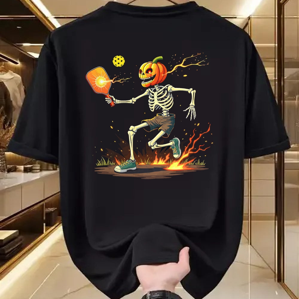 Funny Pickleball Shirt, Pickleball Lover Unisex T-Shirt/Hoodie/Sweatshirt HLT00 - Pumpkin Head Skeleton Pickleball Halloween Spooky Sports T-Shirt