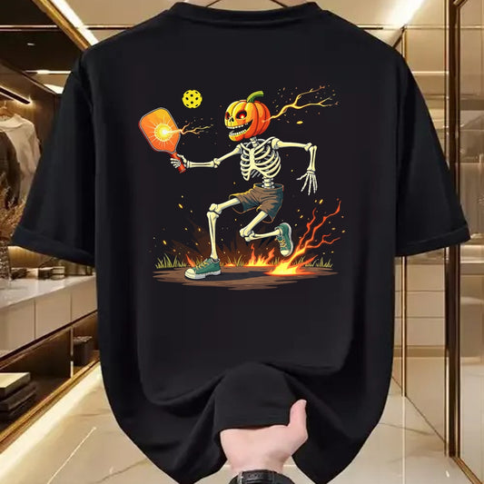 Funny Pickleball Shirt, Pickleball Lover Unisex T-Shirt/Hoodie/Sweatshirt HLT00 - Pumpkin Head Skeleton Pickleball Halloween Spooky Sports T-Shirt