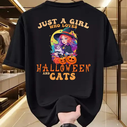 Shirt, Funny Cat Lover Gift UnisexT-Shirt/Hoodie/Sweatshirt HLT00 - Just A Girl Who Loves Halloween and Cats Spooky Fall Pumpkin T-Shirt (1)