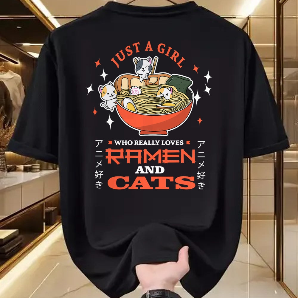 Cat Love Shirt, Funny Cat Lover Gift UnisexT-Shirt/Hoodie/Sweatshirt HLT00 - Just a girl who really loves Ramen and cats Design T-Shirt