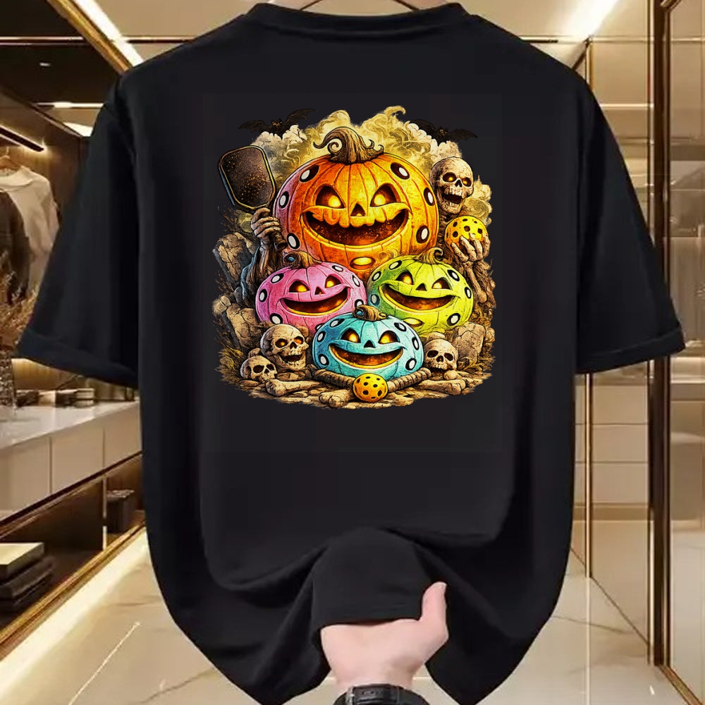 Funny Pickleball Shirt, Pickleball Lover Unisex T-Shirt/Hoodie/Sweatshirt HLT00 - Halloween Pickleball Pumpkins and Skeletons T-Shirt