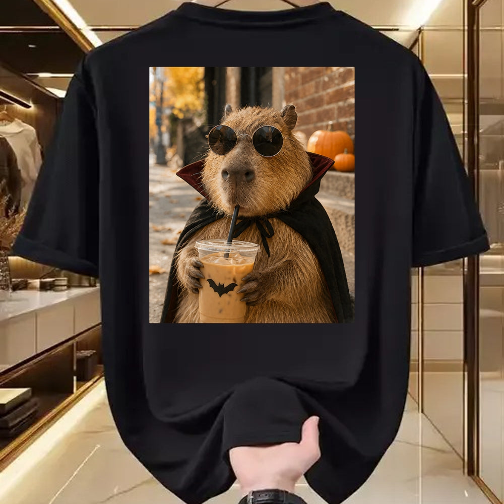 Cute Capybara Shirt, Funny Capybara Unisex T-Shirt/Hoodie/Sweatshirt HLT00 - Capybara Vampire Drinking Iced Coffee Halloween Funny Meme T-Shirt