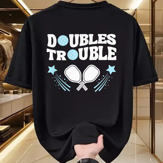 Funny Pickleball Shirt, Pickleball Lover Unisex T-Shirt/Hoodie/Sweatshirt HLT00 - Blue Doubles Trouble Pickleball Tournament Partner Matching T-Shirt
