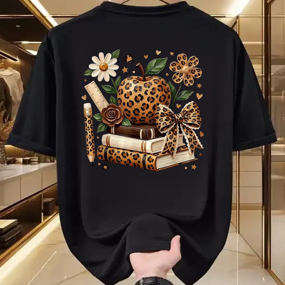 Best Student Shirt, Funny Back To School UnisexT-Shirt/Hoodie/Sweatshirt HLT00 - Leopard Apple Floral Coquette Bow Book Pencil Back to School T-Shirt, Women, White, Medium