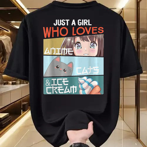 Cat Love Shirt, Funny Cat Lover Gift UnisexT-Shirt/Hoodie/Sweatshirt HLT00 - Just A Girl Who Loves Anime Cats Ice Cream Otaku Manga Lover T-Shirt, Women, Baby Blue, Large