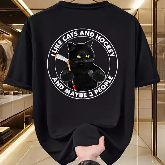 Cat Love Shirt, Funny Cat Lover Gift UnisexT-Shirt/Hoodie/Sweatshirt HLT00 - I Like Cats and Hockey and Maybe 3 People Funny Black Cats T-Shirt, Men, Black, 3X-Large