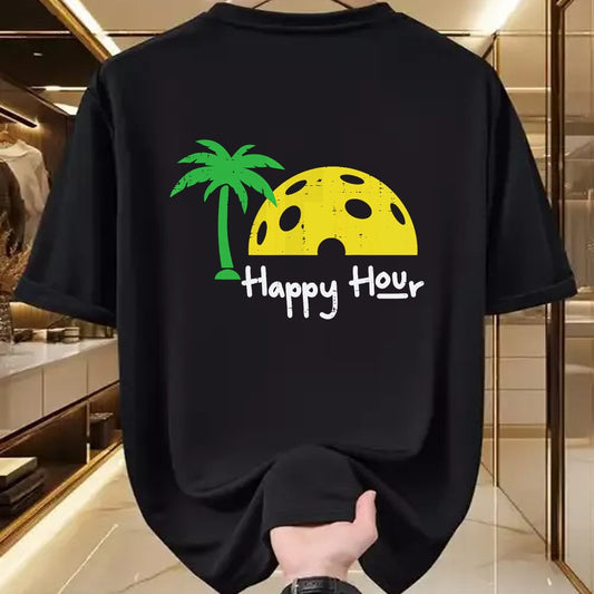 Funny Pickleball Shirt, Pickleball Lover Unisex T-Shirt/Hoodie/Sweatshirt HLT00 - Pickle Ball Happy Hour Palm Tree Pickleball Men Women Kids T-Shirt