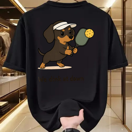 Funny Pickleball Shirt, Pickleball Lover Unisex T-Shirt/Hoodie/Sweatshirt HLT00 - Funny Pickleball Dachshund Pickleball Dog We Dink at Dawn T-Shirt