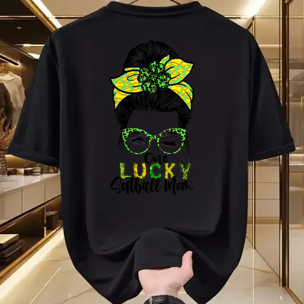 Gift for Mom Shirt, Funny Mom Unisex T-Shirt/Hoodie/Sweatshirt HLT00 - One Lucky Softball Mom Green Saint Patricks Day Messy Bun T-Shirt