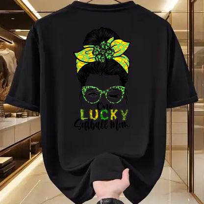 Gift for Mom Shirt, Funny Mom Unisex T-Shirt/Hoodie/Sweatshirt HLT00 - One Lucky Softball Mom Green Saint Patricks Day Messy Bun T-Shirt