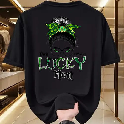 Gift for Mom Shirt, Funny Mom Unisex T-Shirt/Hoodie/Sweatshirt HLT00 - One Lucky Mom St Patricks Day Shamrock Messy Bun T-Shirt