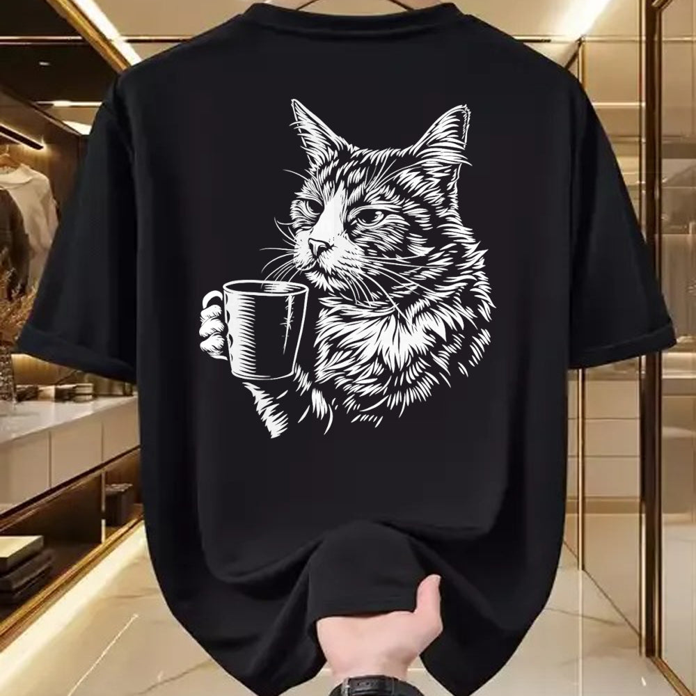 Cat Love Shirt, Funny Cat Lover Gift UnisexT-Shirt/Hoodie/Sweatshirt HLT00 - Cat Drinking Coffee Lover Barista Funny Animal Tired Cat T-Shirt