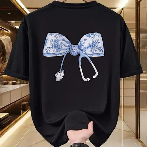 Funny Nurse Shirt, Nurse Unisex T-Shirt/Hoodie/Sweatshirt HLT00 - Floral Cute Blue Coquette Bow Stethoscope Registered Nurse T-Shirt