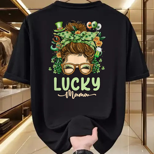 Gift for Mom Shirt, Funny Mom Unisex T-Shirt/Hoodie/Sweatshirt HLT00 - Lucky Mama St Patricks & Mothers Day Mom Messy Bun Irish T-Shirt