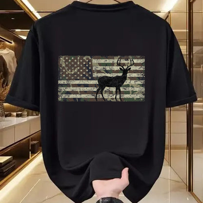 Funny Hunting Shirt, Gift For Hunting Lover Unisex T-Shirt/Hoodie/Sweatshirt HLT00 - Deer Hunting Camo American Flag Buck Standing Hunter Country T-Shirt