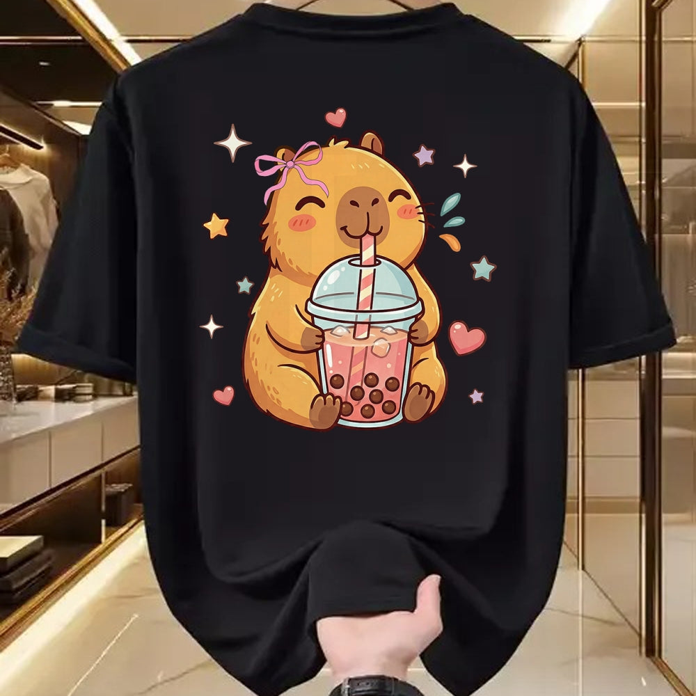 Cute Capybara Shirt, Funny Capybara Unisex T-Shirt/Hoodie/Sweatshirt HLT00 - Cute Capybara Anime Drinking Bubble Boba Tea Kawaii Girl Kid T-Shirt
