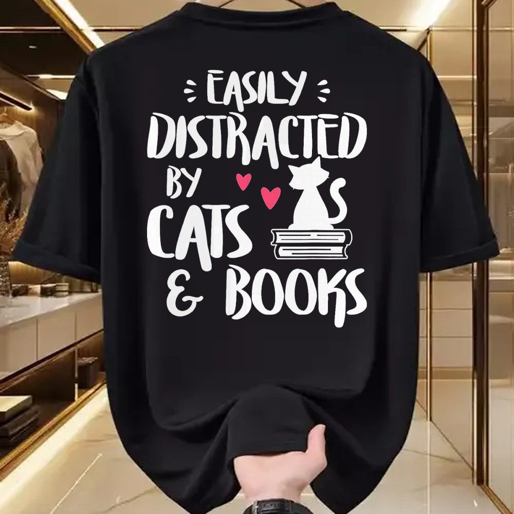 Cat Love Shirt, Funny Cat Lover Gift UnisexT-Shirt/Hoodie/Sweatshirt HLT00 - Easily Distracted by Cats and Books - Cat & Book Lover T-Shirt