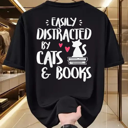 Cat Love Shirt, Funny Cat Lover Gift UnisexT-Shirt/Hoodie/Sweatshirt HLT00 - Easily Distracted by Cats and Books - Cat & Book Lover T-Shirt