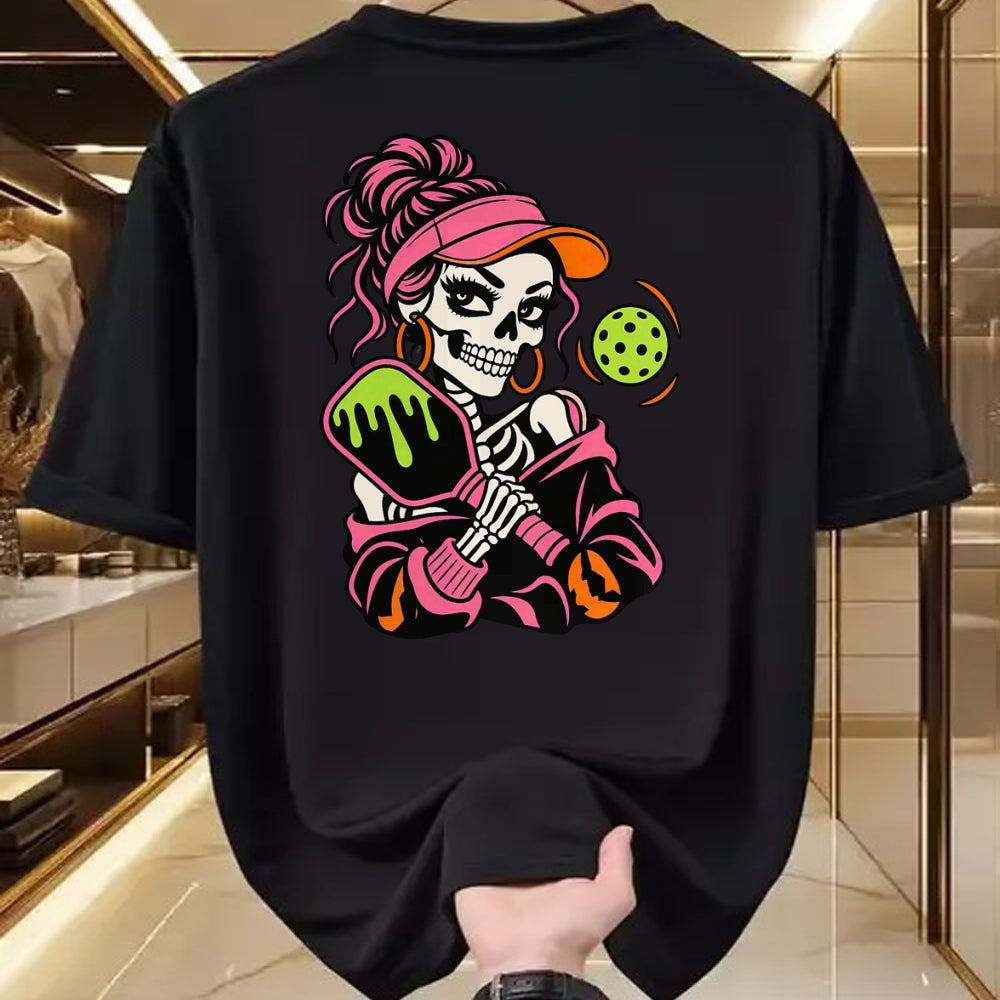 Funny Pickleball Shirt, Pickleball Lover Unisex T-Shirt/Hoodie/Sweatshirt HLT00 - Halloween Pickleball Skeleton Girls Women Halloween T-Shirt