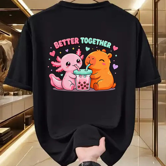 Cute Capybara Shirt, Funny Capybara Unisex T-Shirt/Hoodie/Sweatshirt HLT00 - Cute Capybara and Axolotl Bubble Tea Boba Girls Kawaii Anime T-Shirt (2)