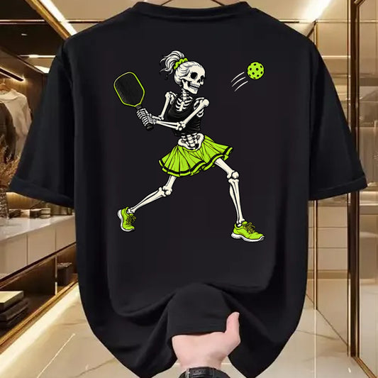 Funny Pickleball Shirt, Pickleball Lover Unisex T-Shirt/Hoodie/Sweatshirt HLT00 - Funny Pickleball Skeleton Halloween Sport Spooky Women Girls T-Shirt