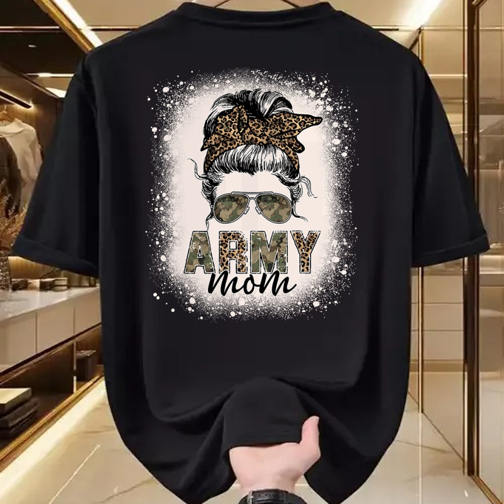 Gift for Mom Shirt, Funny Mom Unisex T-Shirt/Hoodie/Sweatshirt HLT00 - Proud Army Mom Women Leopard Camo Messy Bun Bleached T-Shirt