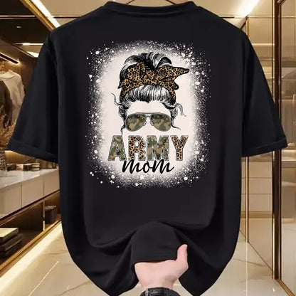 Gift for Mom Shirt, Funny Mom Unisex T-Shirt/Hoodie/Sweatshirt HLT00 - Proud Army Mom Women Leopard Camo Messy Bun Bleached T-Shirt