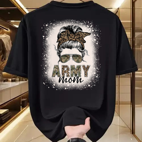 Gift for Mom Shirt, Funny Mom Unisex T-Shirt/Hoodie/Sweatshirt HLT00 - Proud Army Mom Women Leopard Camo Messy Bun Bleached T-Shirt