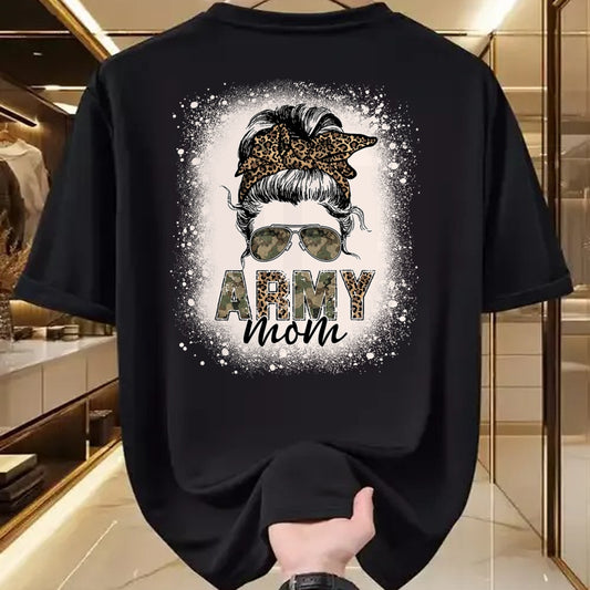 Gift for Mom Shirt, Funny Mom Unisex T-Shirt/Hoodie/Sweatshirt HLT00 - Proud Army Mom Women Leopard Camo Messy Bun Bleached T-Shirt