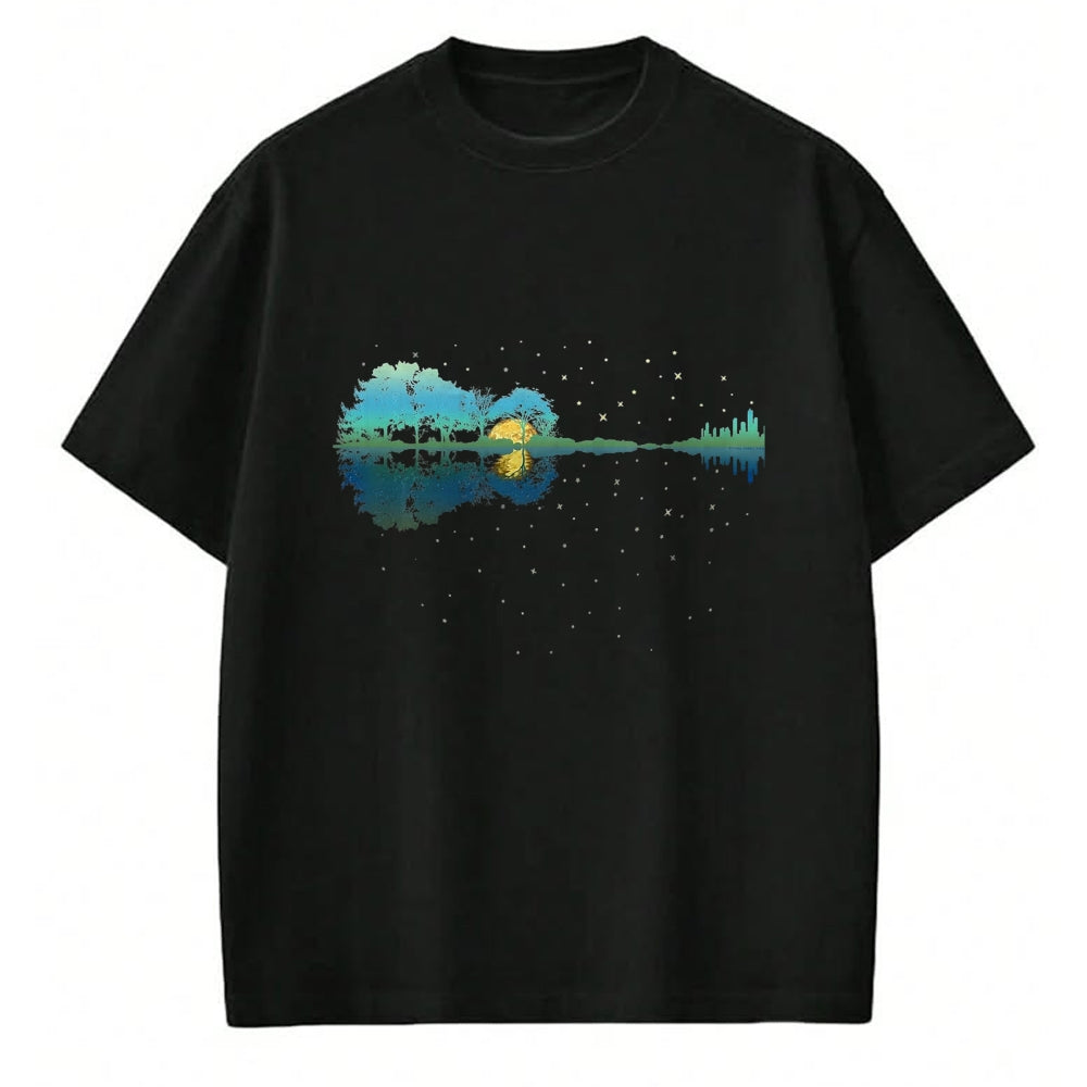 Guitar Lover Shirt, Funny Guitar UnisexT-Shirt/Hoodie/Sweatshirt HLT00 - Guitar Lake Reflections Night Sky and Moon Guitar T-Shirt, Men, Black, 3X-Large