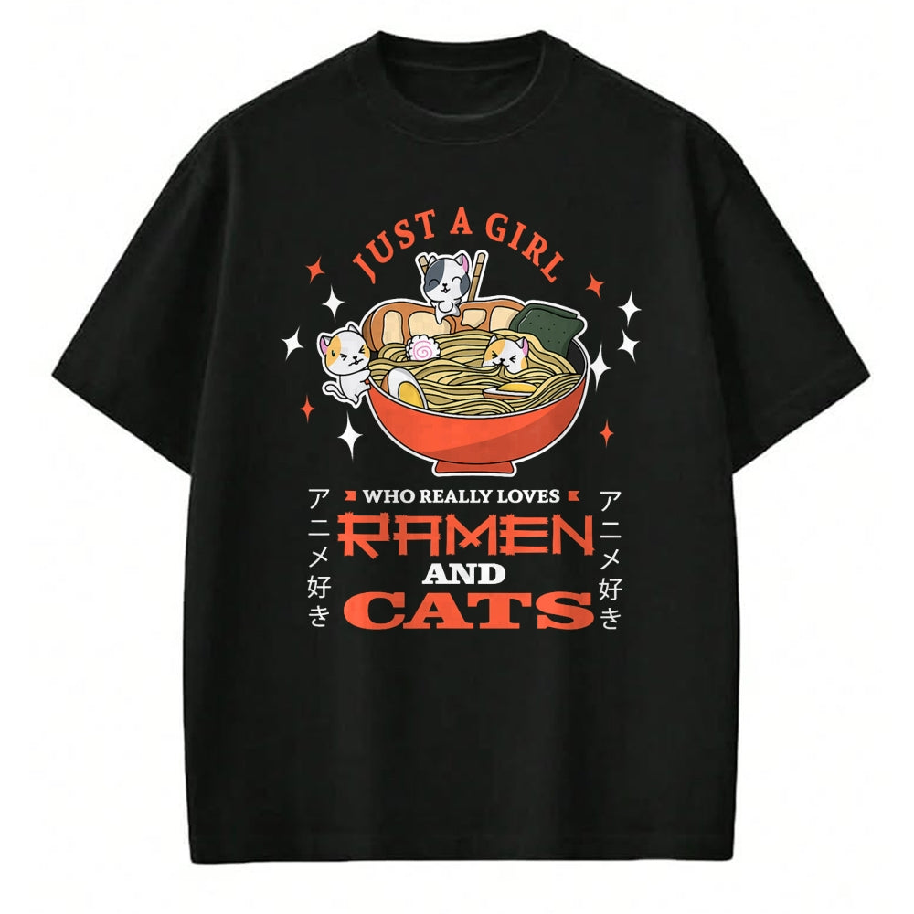 Cat Love Shirt, Funny Cat Lover Gift UnisexT-Shirt/Hoodie/Sweatshirt HLT00 - Just a girl who really loves Ramen and cats Design T-Shirt (1)