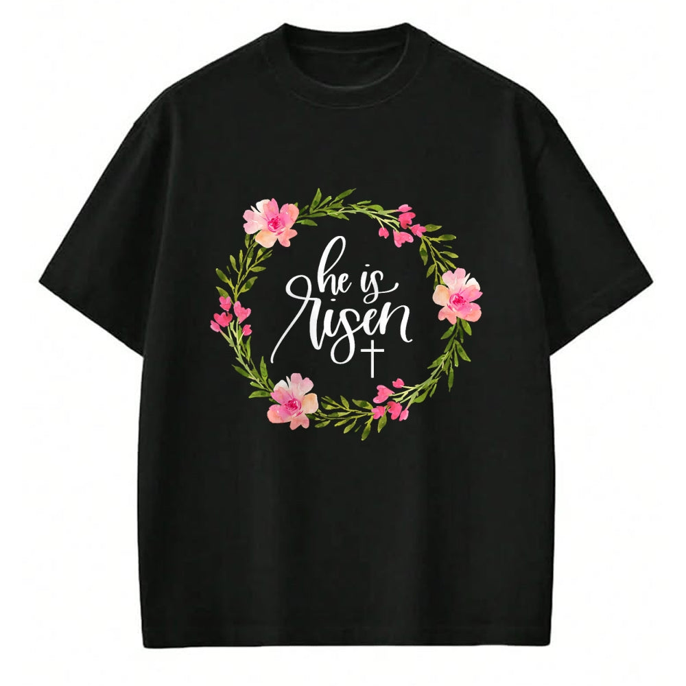 Christian Tee, Christian Faith Unisex T-Shirt/Hoodie/Sweatshirt HLT00 - He is Risen Jesus Christian Happy Easter Floral Wreath Shirt T-Shirt (1)