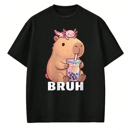 Cute Capybara Shirt, Funny Capybara Unisex T-Shirt/Hoodie/Sweatshirt HLT00 - Cute Bruh Capybara Drinking Bubble Tea Axolotl Funny Kawaii T-Shirt