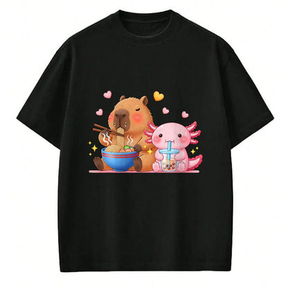 Cute Capybara Shirt, Funny Capybara Unisex T-Shirt/Hoodie/Sweatshirt HLT00 - Cute Capybara Ramen and Axolotl Boba Kawaii Boys Girls Kids T-Shirt
