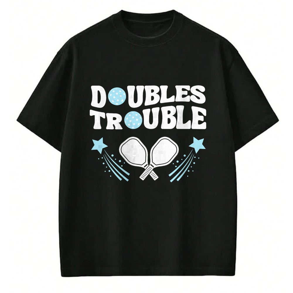 Funny Pickleball Shirt, Pickleball Lover Unisex T-Shirt/Hoodie/Sweatshirt HLT00 - Blue Doubles Trouble Pickleball Tournament Partner Matching T-Shirt