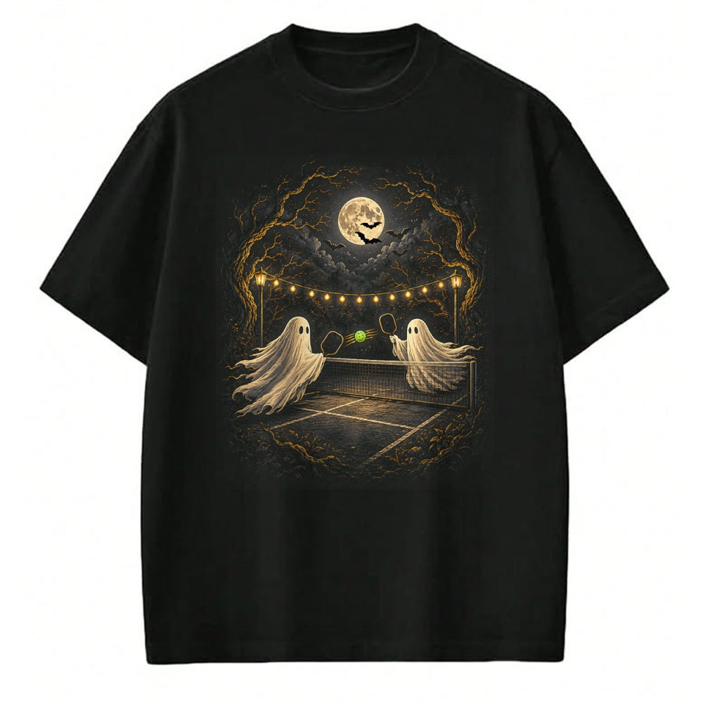 Funny Pickleball Shirt, Pickleball Lover Unisex T-Shirt/Hoodie/Sweatshirt HLT00 - Ghosts on Court Full Moon Bats Ghostly Halloween Pickleball T-Shirt