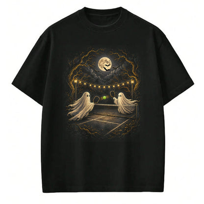 Funny Pickleball Shirt, Pickleball Lover Unisex T-Shirt/Hoodie/Sweatshirt HLT00 - Ghosts on Court Full Moon Bats Ghostly Halloween Pickleball T-Shirt
